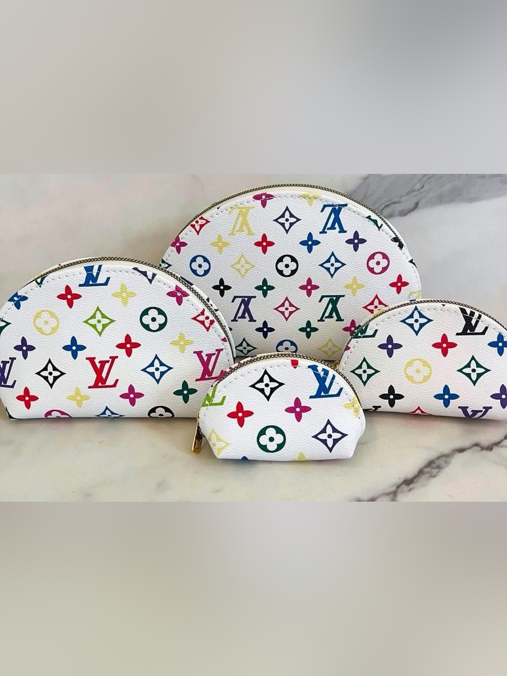 White Multicolor Monogram Cosmetic Pouch Set - 4 Pieces (Inspired)